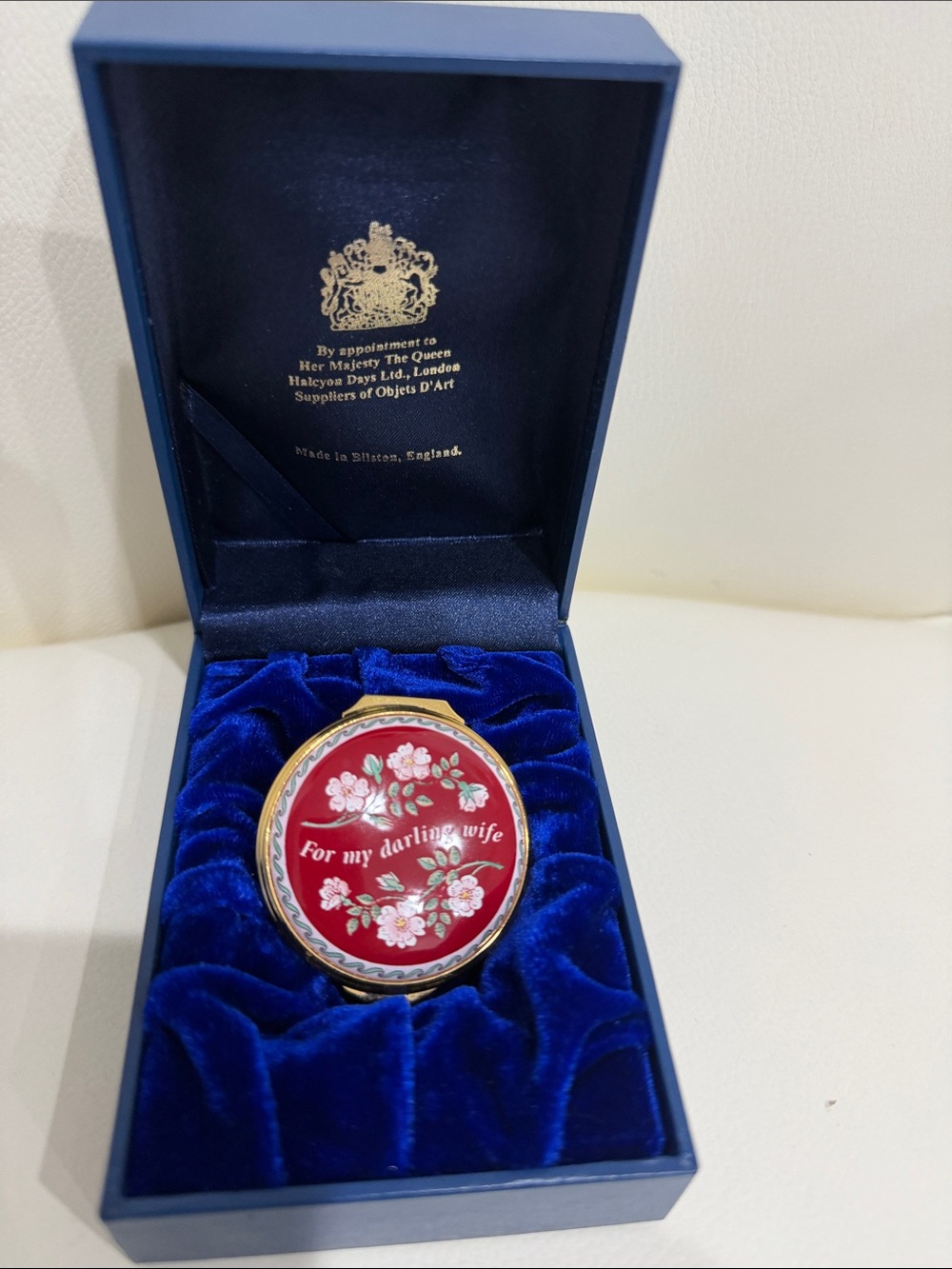 Halcyon Days Enamels Red & Navy Floral "For My Darling Wife" Trinket Box